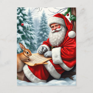 Kerstman schrijft een brief in een besneeuwd bos feestdagenkaart