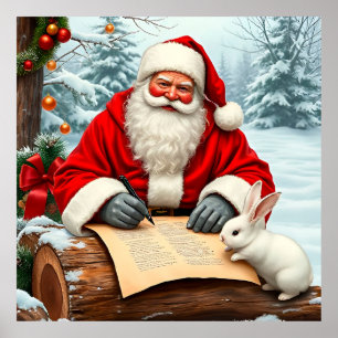 Kerstman schrijft een brief in een besneeuwd bos poster
