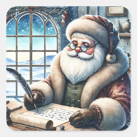  kerstman schrijft kerstbrieven vierkante sticker (Voorkant)