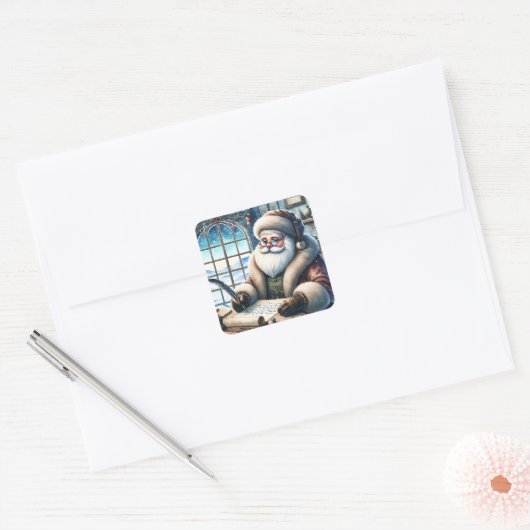  kerstman schrijft kerstbrieven vierkante sticker (Envelop)