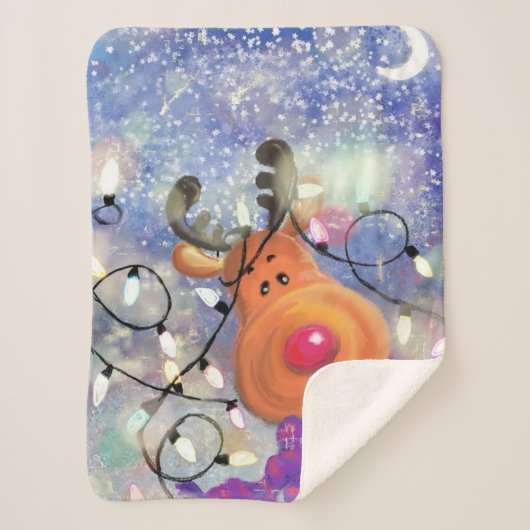Kerstman: Sherpa Blanket Gift Happy Reindeer Deken (Voorkant)