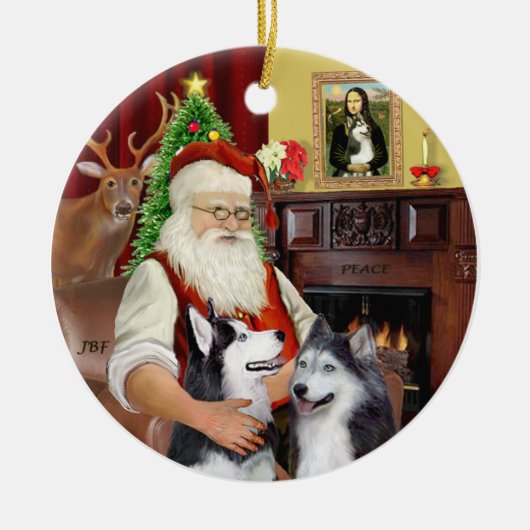 Kerstman - Siberische Huskies (TWEE) Keramisch Ornament (Voorkant)