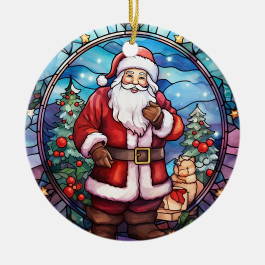 Kerstman Sinterklaas gebrandschilderd glas stijl Keramisch Ornament (Voorkant)