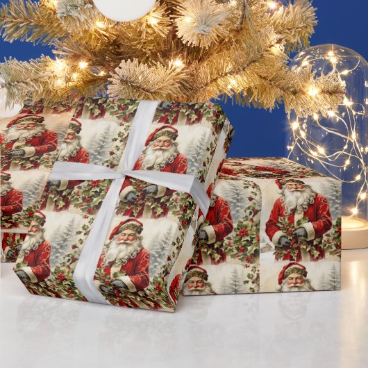 Kerstman Sinterklaas met Holly Berry Cadeaupapier (Feestdagen)