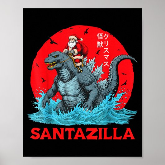 Kerstman Sinterklaas rijdend op Japans monster Kai Poster (Voorkant)