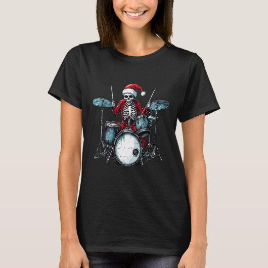 Kerstman skelet drumspelend drummer percussionist t-shirt (Voorkant)