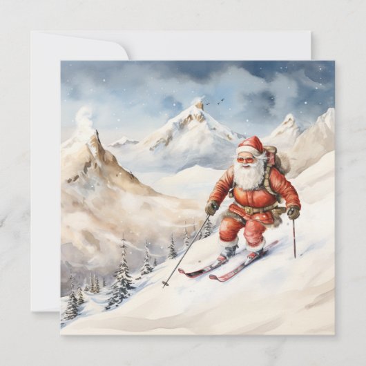 Kerstman Skiën Wenskaart Feestdagenkaart (Voorkant)