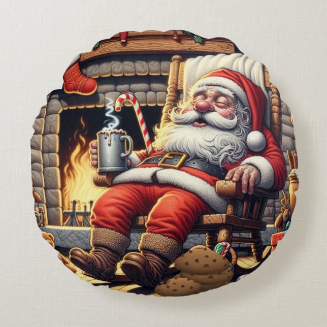 Kerstman slapen Kerstmis Rond Kussen (Voorkant)