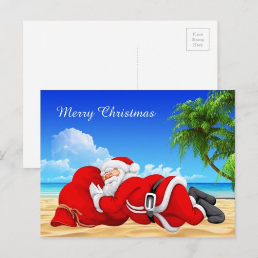 Kerstman slapen op het strand feestdagenkaart (Voorkant / Achterkant)