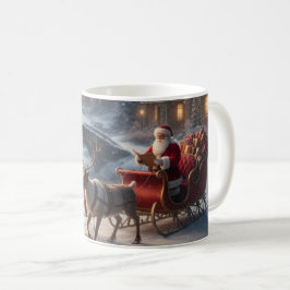 Kerstman slee arrenslee rendier besneeuwd kerstdor koffiemok