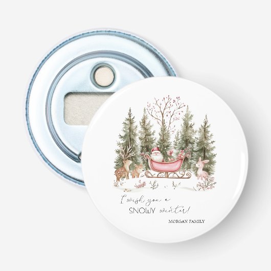 Kerstman, slee, cadeaus bos kerstmis button flesopener (Voorkant)
