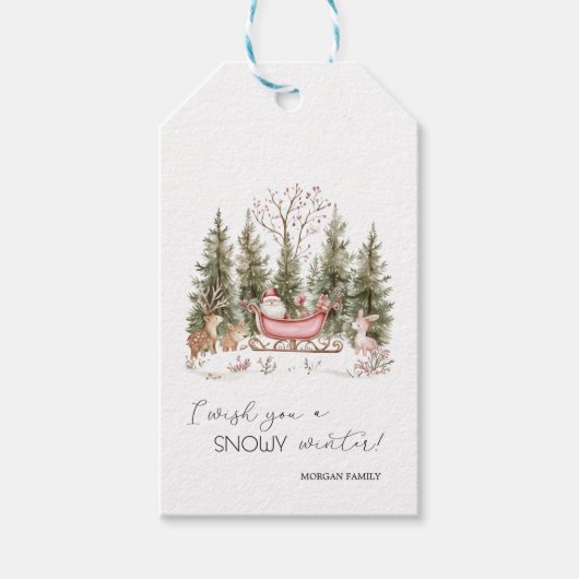 Kerstman, slee, cadeaus bos kerstmis cadeaulabel (Voorkant)