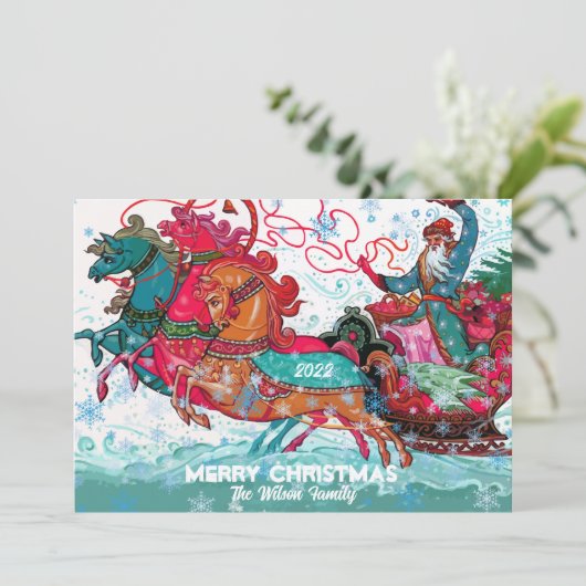 Kerstman slee Custom Prettig Kerstfeest Feestdagenkaart (Staand voorkant)