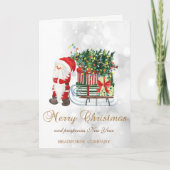 Kerstman, slee, dennenboom, cadeaus, bokeh feestdagen kaart (Voorkant)