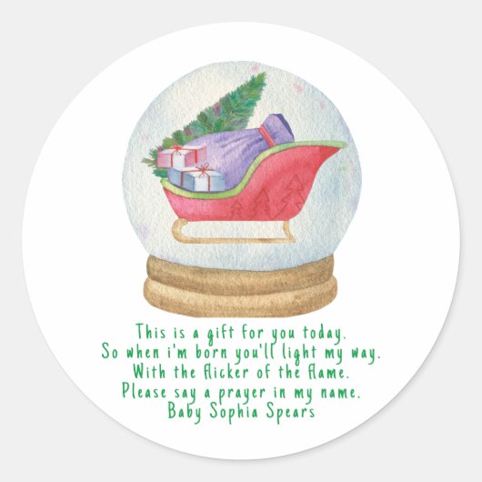 Kerstman slee. Gebedskaarsetiket Ronde Sticker (Voorkant)