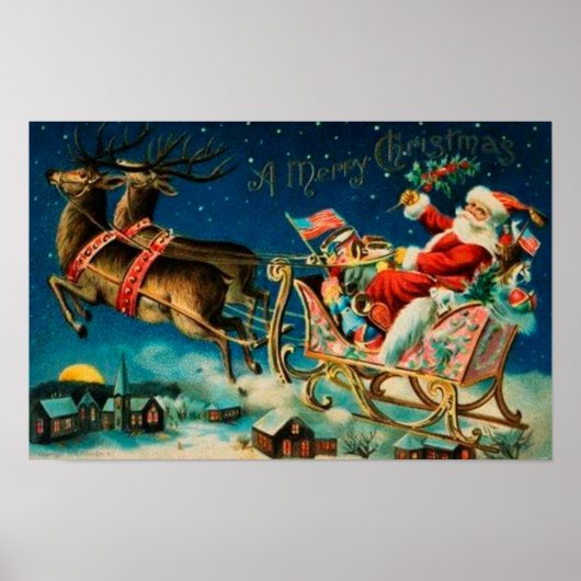 Kerstman slee Kerst vakantie vintage Poster (Voorkant)