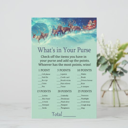 Kerstman slee Kerstmis Wat zit er in je tas spel (Staand voorkant)