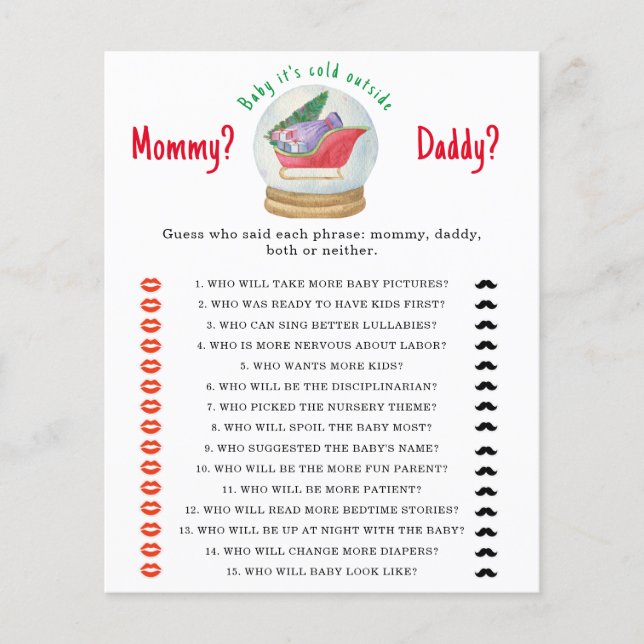 Kerstman slee - mama of papa baby shower spel (Voorkant)