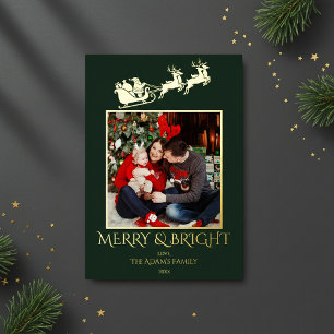 Kerstman slee Merry and Bright familie foto Folie Feestdagenkaart