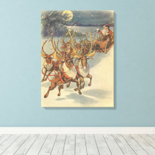 Kerstman slee met rendieren in vintage stijl canvas afdruk
