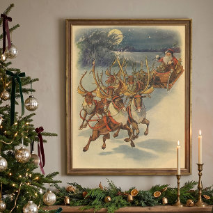 Kerstman slee met rendieren in vintage stijl poster