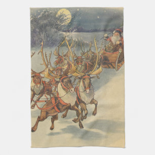 Kerstman slee met rendieren in vintage stijl theedoek