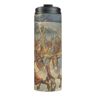 Kerstman slee met rendieren in vintage stijl thermosbeker
