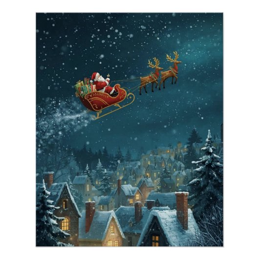 Kerstman slee over de stad Poster (Voorkant)