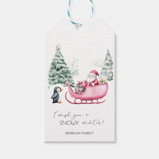 Kerstman, slee, pinguïn, bos cadeaulabel (Voorkant)