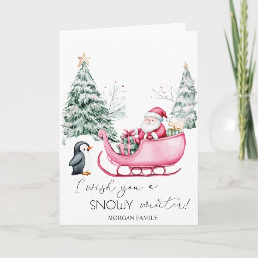 Kerstman, slee, pinguïn, bos feestdagen kaart (Voorkant)