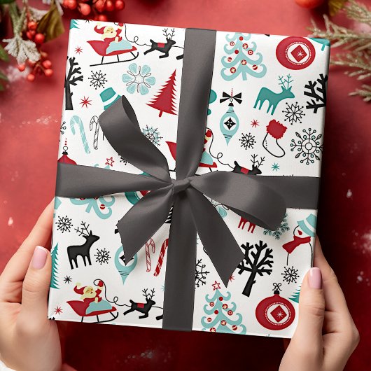 Kerstman slee rendier dennenbomen kunstpatroon cadeaupapier