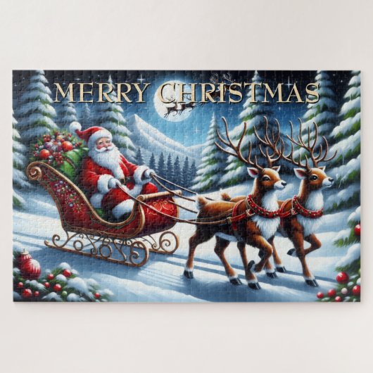 Kerstman slee van Kerstmis door besneeuwd bos Legpuzzel (Horizontaal)
