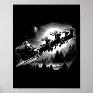 Kerstman slee vliegend over bos Kerstmis Poster