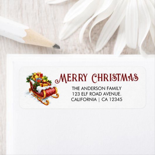 Kerstman slee vol met geschenken, kerstadres etiket (Insitu)