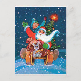 Kerstman sleeën, vintage vakantie briefkaart