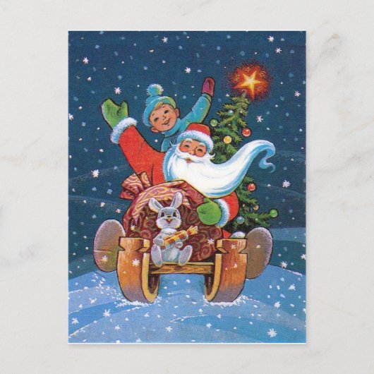 Kerstman sleeën, vintage vakantie briefkaart (Voorkant)