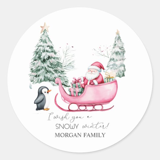 Kerstman, Sleigh, Pinguïn, Bos Ronde Sticker (Voorkant)