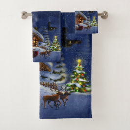 Kerstman Sleigh Rendier Kerstbomen Bad Handdoek