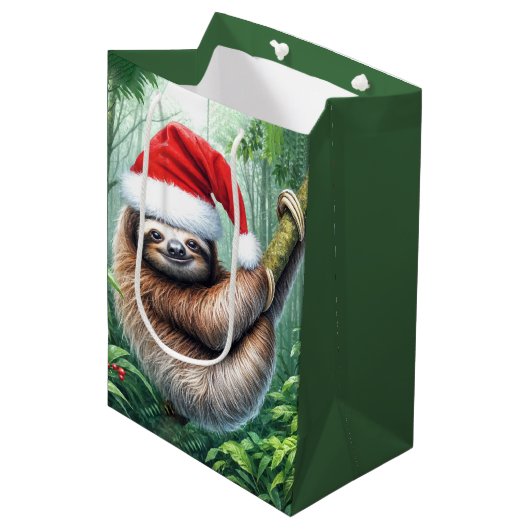Kerstman Sloth in het regenwoud Medium Cadeauzakje (Voorkant Gekanteld)