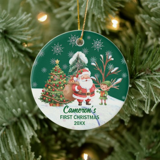 Kerstman Sneeuw Bomen Eerste Kerstmis Keramisch Ornament (Boom)