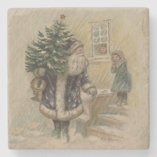 Kerstman Sneeuw Kerstboom Stenen Onderzetter