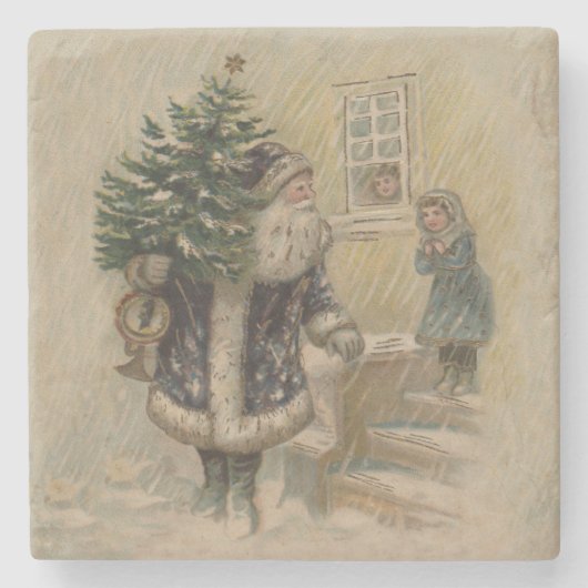 Kerstman Sneeuw Kerstboom Stenen Onderzetter (Voorkant)