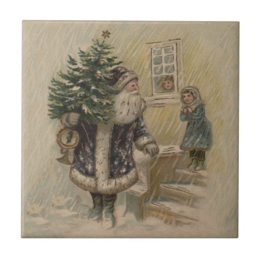 Kerstman Sneeuw Kerstboom Tegeltje (Voorkant)