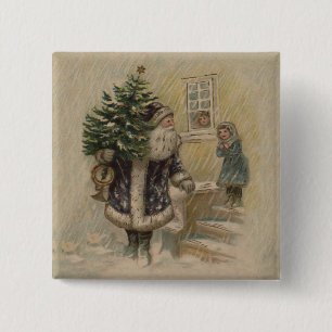 Kerstman Sneeuw Kerstboom Vierkante Button 5,1 Cm