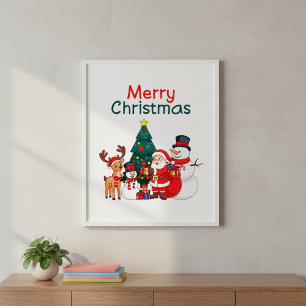 Kerstman, sneeuwman en rendier vrolijk kerstfeest poster