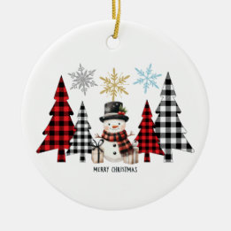 Kerstman Sneeuwman Geruite Kerstboom Keramisch Ornament