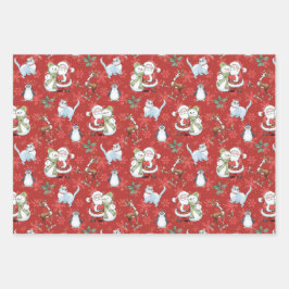 Kerstman, Sneeuwman, Rendier, Kat Inpakpapier Vel