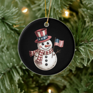 Kerstman Sneeuwman USA Vlag Patriottisch Kerstmis  Keramisch Ornament
