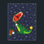 Kerstman Sneeuwpop Kerstboom T-Rex Dinosaurus  Feestdagenkaart<br><div class="desc">Kerstreis met een schattige,  speelse T-Rex en kleine sneeuwman.</div>