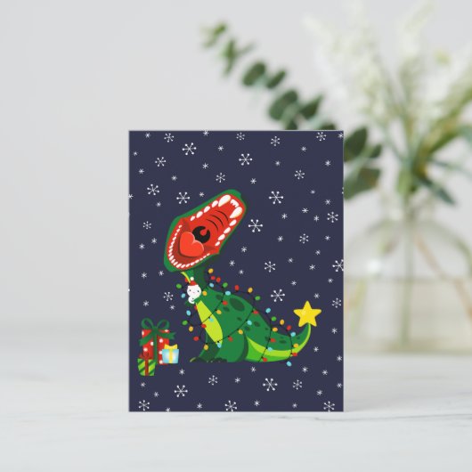 Kerstman Sneeuwpop Kerstboom T-Rex Dinosaurus  Feestdagenkaart (Staand voorkant)